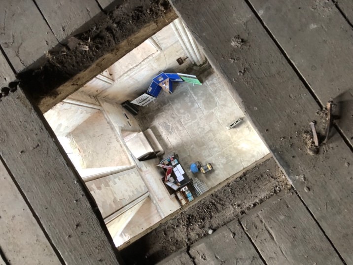 A heart-stoppingly vertiginous view through a raised hatch in the south transept roof of the abbey!